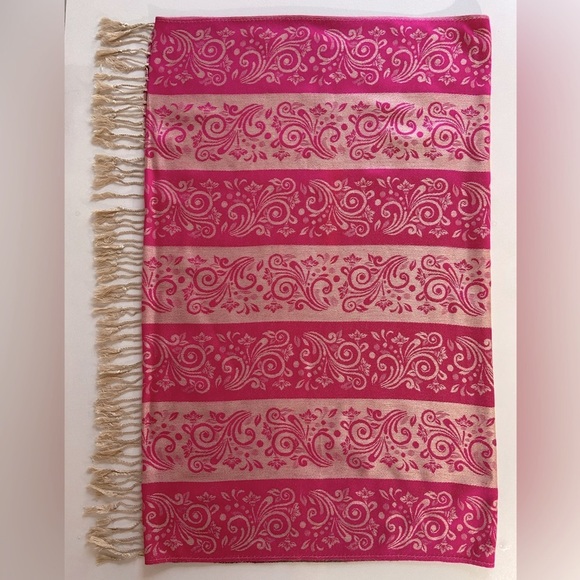 Pashmina Cashmere Scarf Wrap Rich Pink, Cream, Sage w/ Tassels Excellent Vintage - Picture 8 of 14